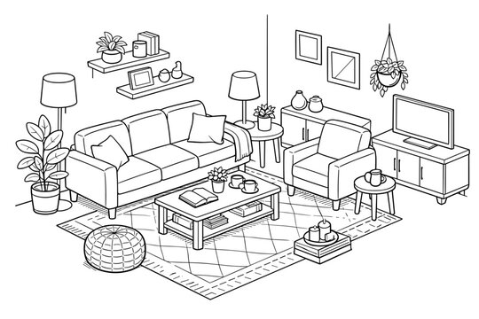 Hand Drawn Isometric Line Art Living Room Interior with Sofa, Armchair, Coffee Table, TV Stand, Houseplants, Shelves, and Home Decor Elements for Coloring Book or Architectural Design Layout.