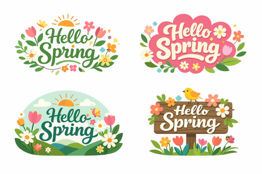 Set of Hello Spring Lettering Designs with Vibrant Flowers, Tulips, Daisies, Sun, Bird, and Wooden Sign. Vector Illustration of Seasonal Greeting Emblems and Nature Elements for Cards and Decor.