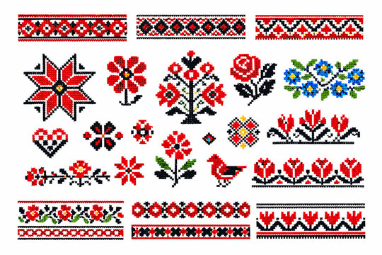 Ukrainian Traditional Embroidery Ornament Set with Folk Vyshyvanka Patterns, Geometric Cross-Stitch Floral Motifs, Ethnic Red and Black Borders, Stars, Birds, and Hearts for Cultural Design