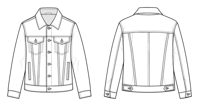 Detailed front and back flat sketch of a classic denim jacket, perfect for fashion design, apparel product development, and clothing manufacturing technical specifications