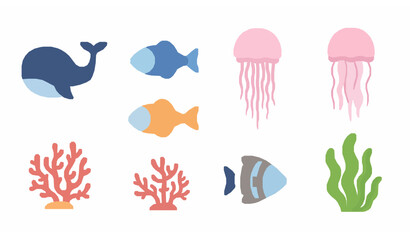 Colorful sea creatures icon set flat vector whale fish jellyfish coral and seaweed collection © Wahida