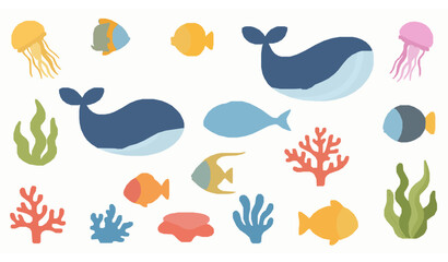 Cute ocean animals collection flat cartoon vector whale fish jellyfish coral seaweed set © Wahida