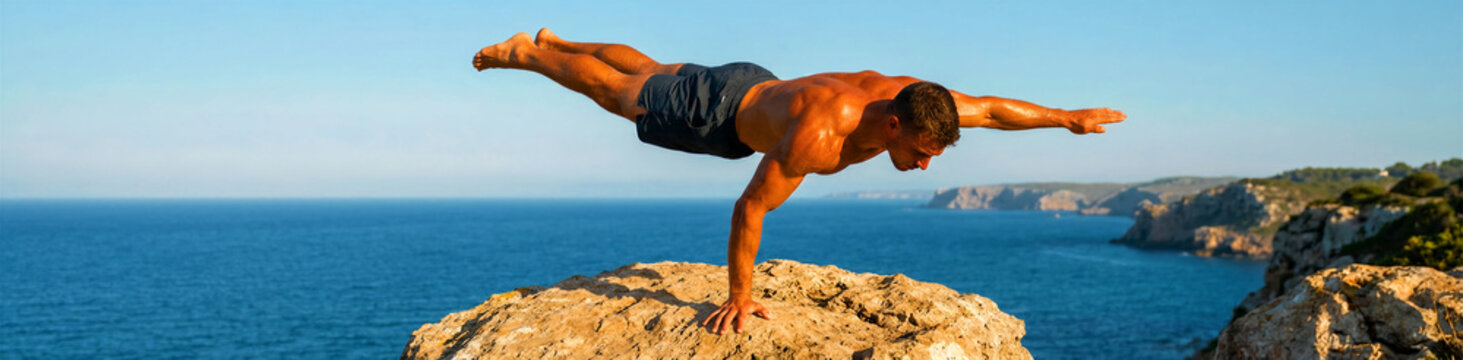 Athletic shirtless man performs a challenging one arm handstand balance pose while maintaining perfect core stability and extreme physical control, showcasing muscular definition and focused