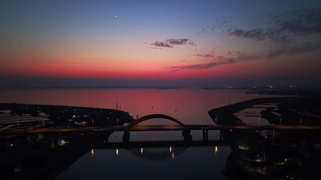 aerial view bridge and lake at sunset