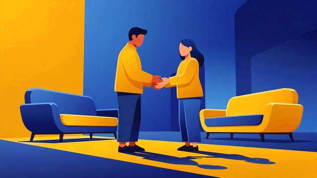 A professional man and woman standing together in bright clothing are shaking hands firmly to finalize a collaborative business agreement that highlights their mutual respect and shared commitment