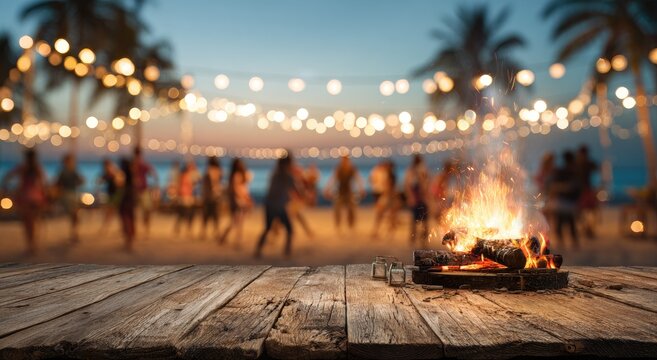 A lively beach bonfire illuminates a wooden surface, with blurred figures enjoying a festive gathering under a canopy of twinkling lights against a twilight sky.