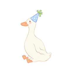 cute goose with birthday hat hand drawn illustration © polart_studio