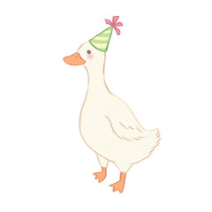 cute goose with birthday hat hand drawn illustration © polart_studio