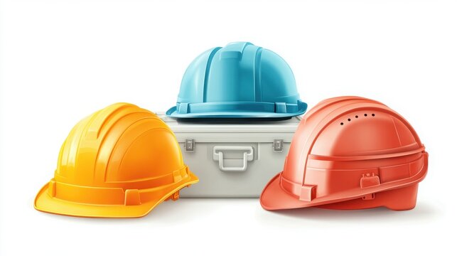 Three colorful hard hats sitting on a gray toolbox