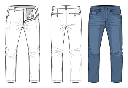 Professional vector technical flat sketches of mens casual pants and jeans for apparel design and garment manufacturing industry presentations or fashion template creation