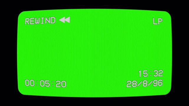 VHS interface on tv screen with green screen. CRT old screen with timecode 90s, 80s. 4k