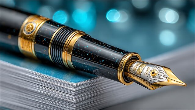 Luxury fountain pen lies on a stack of professional business cards against a blue bokeh background representing high end executive signing and corporate success