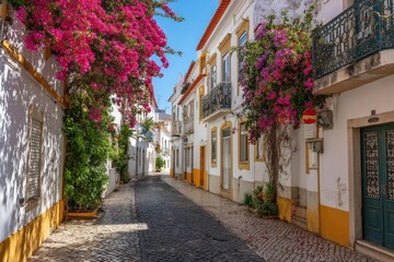 Fototapeta premium A charming, narrow street in a European town is lined with colorful buildings adorned with vibrant bougainvillea flowers, creating a picturesque and inviting scene.