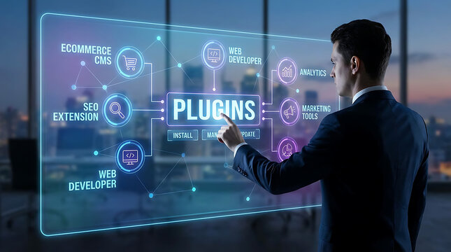 Professional businessman interacting with futuristic virtual digital interface displaying website plugins ecommerce CMS content management system extensions and SEO software tools on screen.