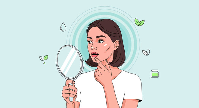 Woman examining face in mirror skincare routine concept illustration