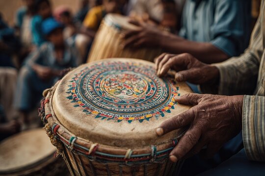 A close-up captures the intricate details of a decorated hand drum held by weathered hands, suggesting a rich cultural tradition and musical heritage.