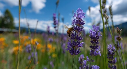 Obraz premium A honeybee diligently collects nectar from a vibrant lavender flower in a sun-drenched meadow.