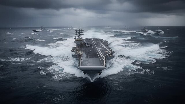 aircraft carrier cutting through rough sea under stormy skies