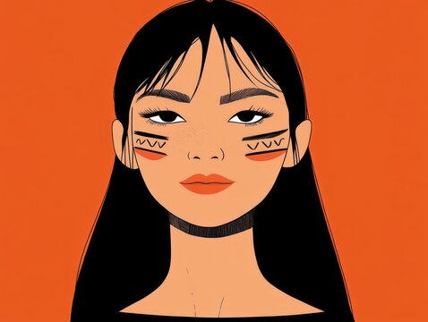Serene head-and-shoulders portrait of a long black-haired person wearing a dark choker against a vibrant orange background