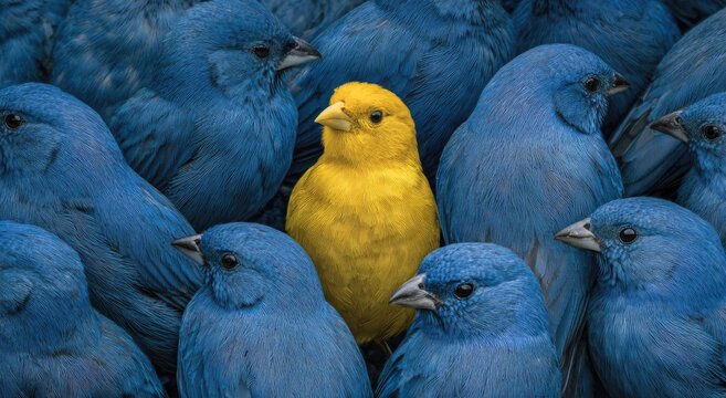 A vibrant yellow canary stands out amidst a dense flock of uniformly blue birds, creating a striking visual contrast and symbolizing individuality.