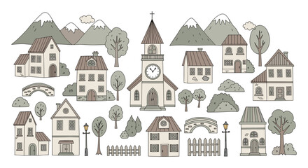 Obraz premium Charming handdrawn collection of houses, church, mountains, and trees for village scenery, storytelling, and graphic design projects.