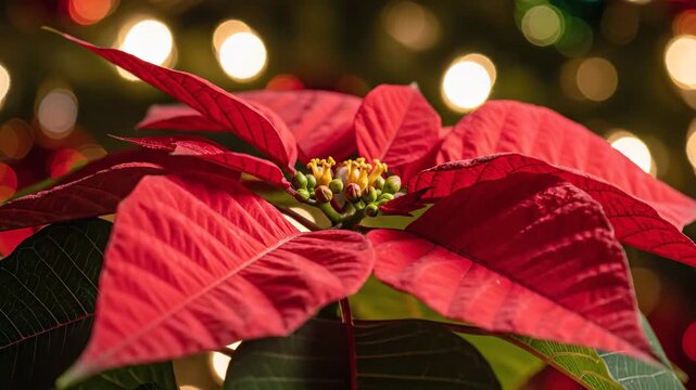 Vibrant Red Poinsettia Flower with Golden Holiday Bokeh Lights 4K Video