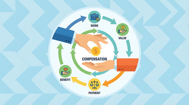Vector illustration depicting a human hand transferring a gold coin with circular motion arrow, representing financial compensation, refund transaction process, and economic exchange symbol.