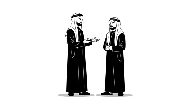 Two Arab men in traditional attire discussing important matters.
