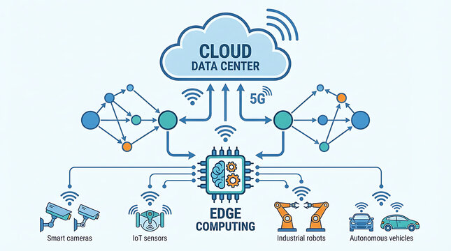 Digital vector graphic showcasing a complex flowchart network interface with cloud storage and wireless signal symbols, illustrating advanced edge computing technology and data processing.