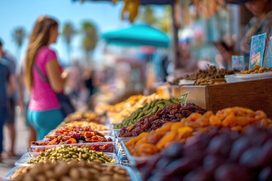 A vibrant outdoor market display showcases a colorful array of dried fruits, nuts, and olives, with a blurred figure browsing in the background under a turquoise awning.