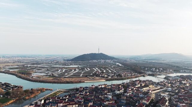 aerial view of coutryside in winter