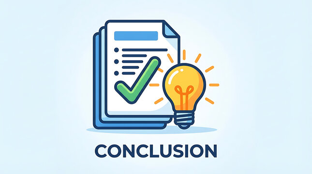 Creative business vector illustration featuring a checklist document with a glowing lightbulb idea icon and green check mark symbol representing a successful conclusion and innovative solution.