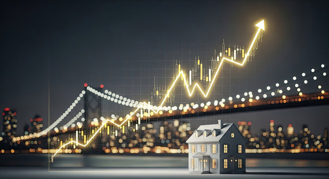 House price growth chart overlaying residential home with ascending arrow in financial market on city skyline background