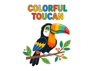 A vibrant and whimsical illustration of a toucan with a rainbow-colored beak perched on a branch, perfect for children's books and nature-themed designs © Miu Studio