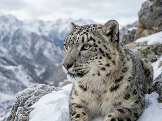 Fototapeta premium Majestic snow leopard resting on rocky mountain terrain in winter