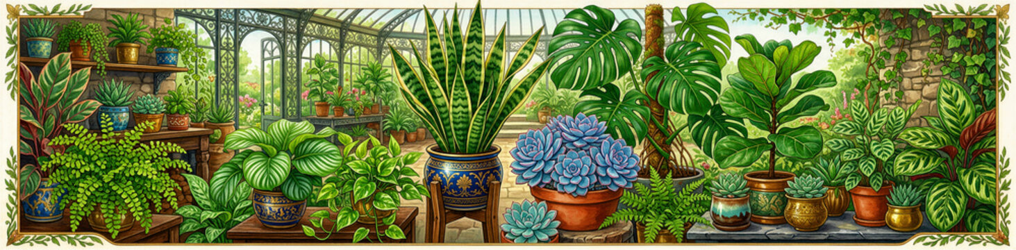 A lush collection of vibrant potted indoor plants including monstera, snake plants, succulents, fiddle leaf figs, and various tropical foliage arranged artfully in colorful ceramic containers to