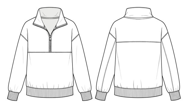 Technical flat sketch of a comfortable unisex half zip pullover sweatshirt with ribbed cuffs and hem, perfect for casual sportswear garment development and apparel collection presentation.