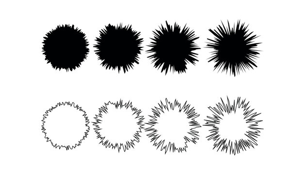 Black silhouettes of explosive shapes and brush stroke circles with explosion, silhouette