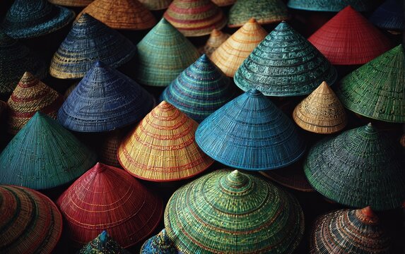 A vibrant and densely packed collection of traditional conical hats creates a captivating display of color and texture.