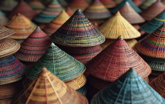 A vibrant close-up showcases a dense collection of intricately woven, conical hats in a spectrum of earthy and bright colors, creating a visually captivating pattern.