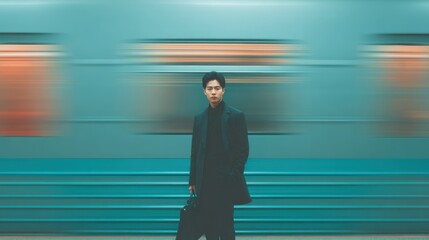Fototapeta premium Business man walking in subway,standing on a platform,office life,coworking space,motion blur concept,metro or Train station in city.