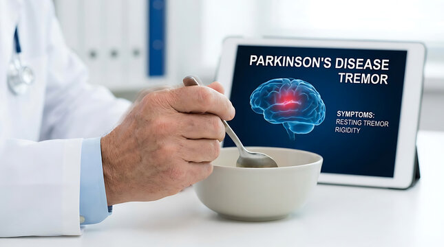 Elderly patient displaying involuntary hand tremor symptoms of Parkinson disease neurological movement disorder showing muscle shaking and healthcare diagnostic clinical concept.
