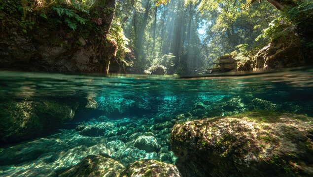 A stunning split-level view showcases a pristine forest landscape seamlessly merging with crystal-clear water, highlighting the beauty of nature's dual worlds.