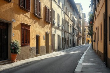 Obraz premium sunlit narrow european street with yellow stucco buildings, wooden shutters, doorways and a potted plant, empty tranquil atmosphere and long perspective