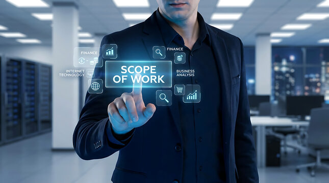 Professional businessman interacting with a futuristic digital holographic interface pressing scope of work text for strategic corporate planning and management in modern office environment.