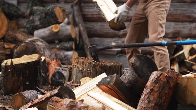 Close up of chopping wood with an axe against a log wall background. Slow motion 4K ProRes 422 manual labor.