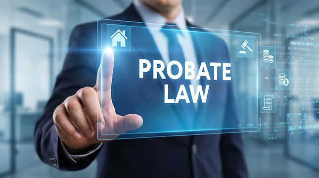 Professional attorney interacting with futuristic digital interface displaying probate law text, representing legacy planning, wealth inheritance management, and legal property distribution.