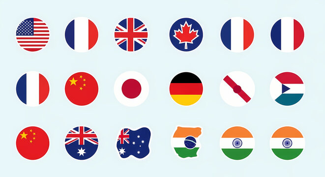 Set of international flag icons on light blue background