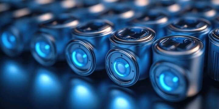 Close-up rows of metallic cylindrical battery cells with glowing blue cores and reflective highlights conveying a sleek futuristic high-tech mood