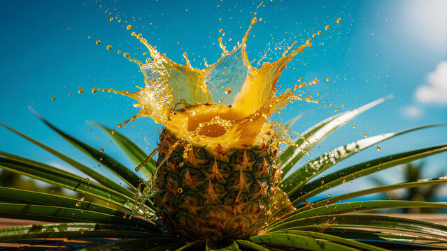 Fresh yellow pineapple with vibrant fruit juice splashing high into the air in a dynamic frozen motion display that captures the essence of summer refreshment and healthy tropical nutrition for a